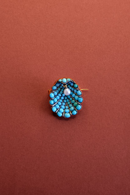 Victorian Turquoise & Pearl Clam Brooch
