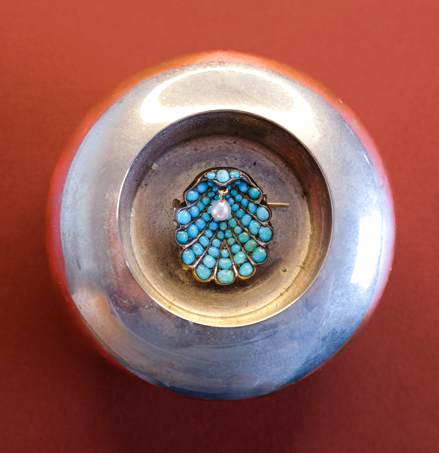 Victorian Turquoise & Pearl Clam Brooch
